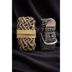 Set of 2 Vintage Magnetic Bracelets Gold Woven & Black Rhinestone Statement